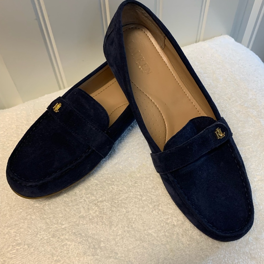 Ralph Lauren faux navy suede great used condition size 10.